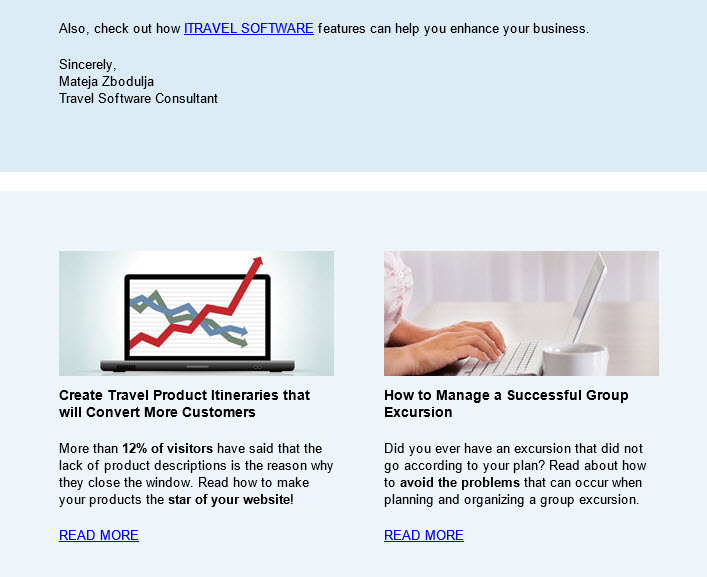 Blog articles in a travel newsletter