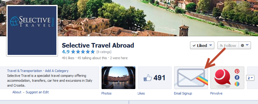 tour operators facebook fan page email tab